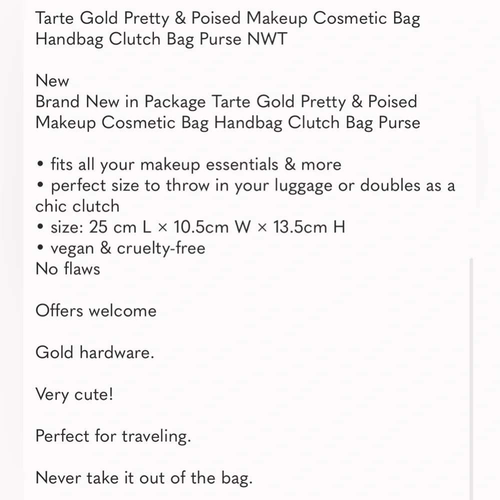 Tarte Gold Pretty & Poised Makeup Cosmetic Bag Handbag Clutch Bag Purse NWT